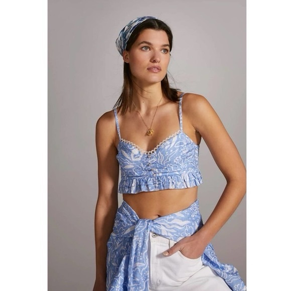 NWT! Anthropologie Rahi Ruffled Cropped Blue Floral Top Bralette Size Medium - Picture 1 of 12